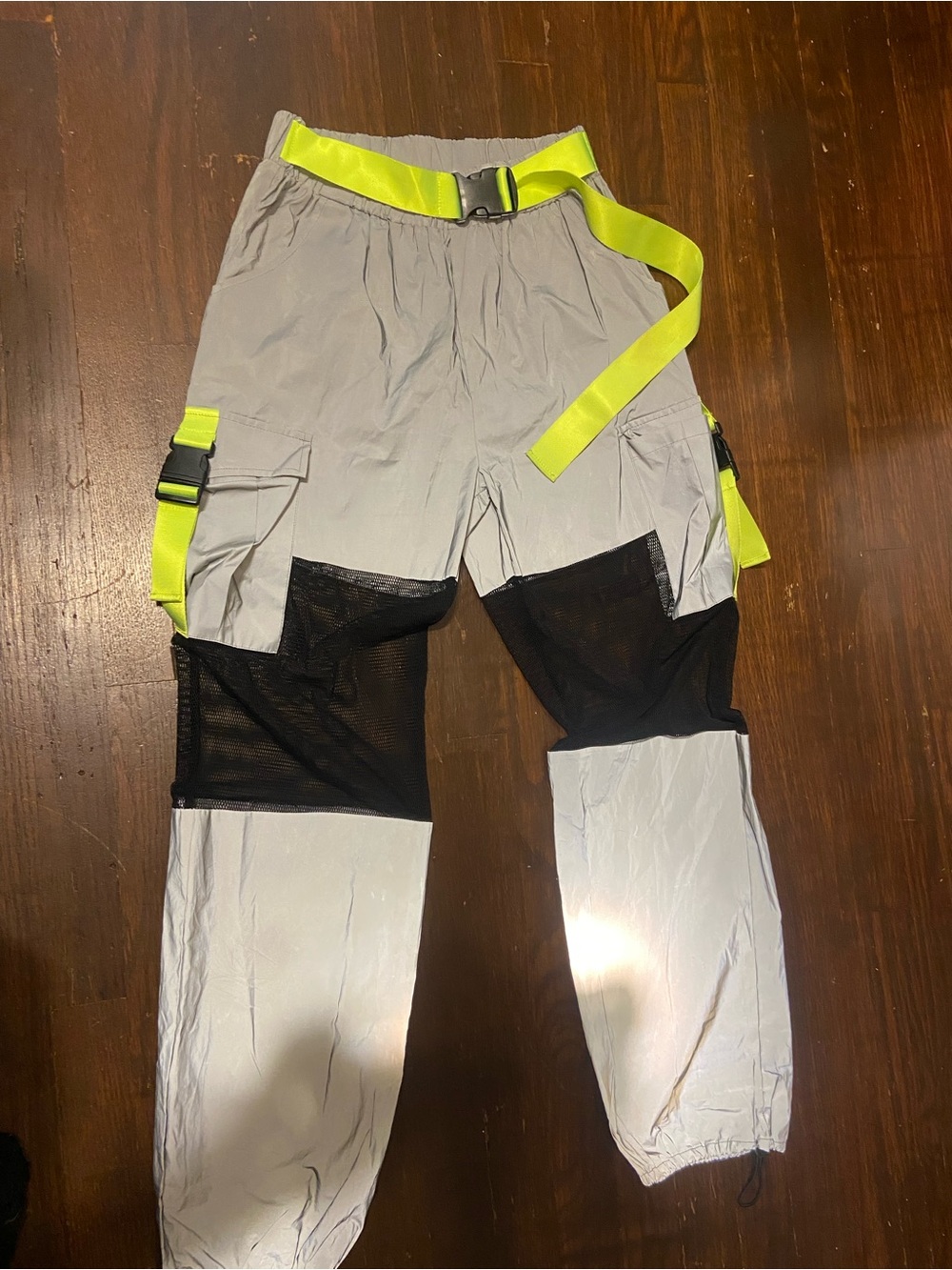Reflective Gray Cargo Joggers with Neon Yellow Accents